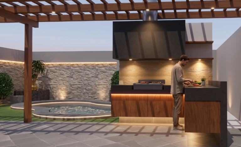 Diseño de terraza y parrilla en jardín con piscina