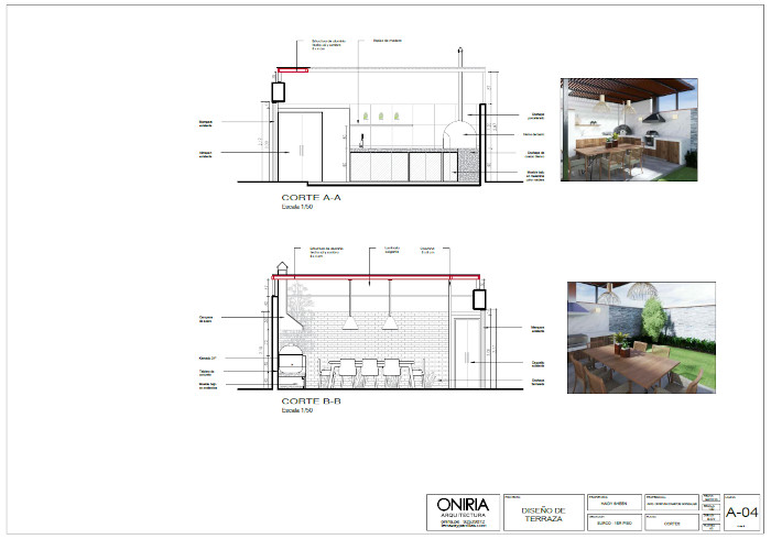 Planos de cortes del proyecto de comedor de terraza