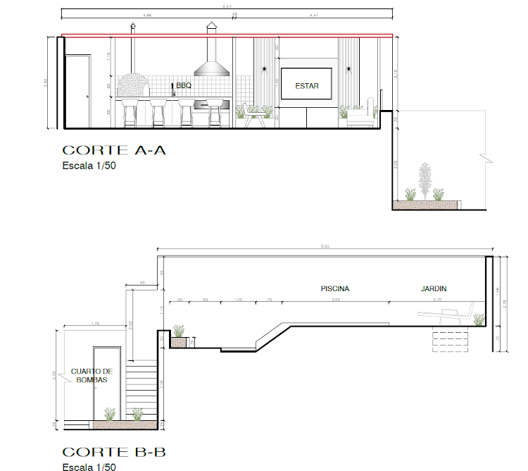 Cortes del proyecto de terraza en ladera