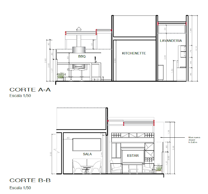 Cortes del proyecto de terraza 