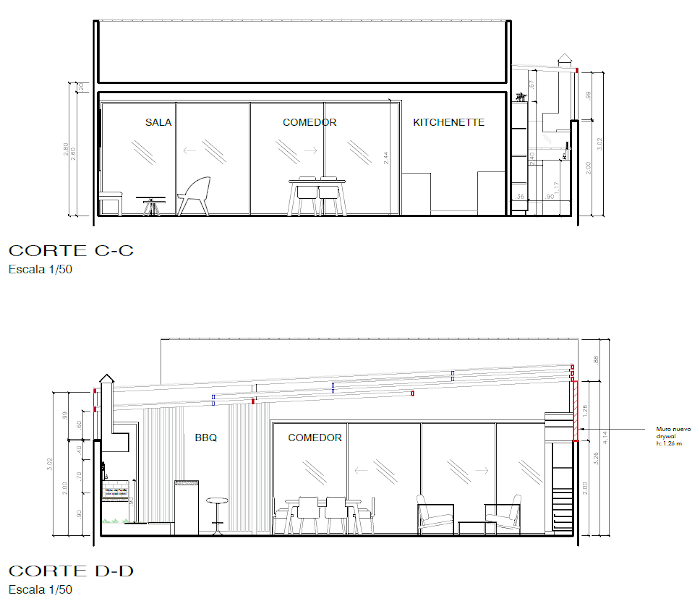 Cortes del proyecto de terraza 