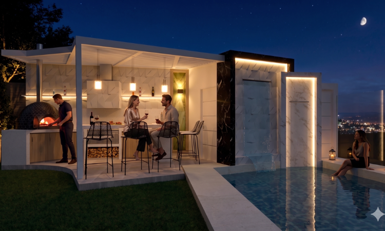 Diseño de terraza con cascada 