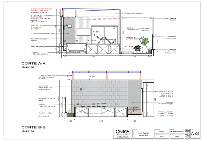 Cortes del proyecto del deck para terraza