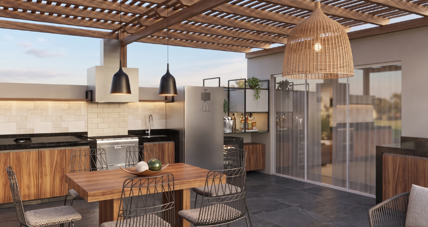 Zona de comedor de terraza contemporánea