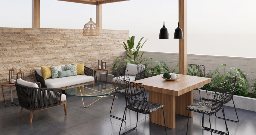 Zona de comedor y estar de la terraza contemporánea